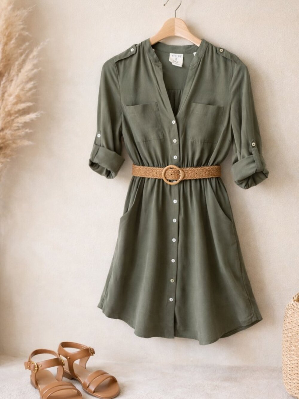 100% Silk Lightweight Olive Green Button-down Mini Shirt Dress SIZE XS